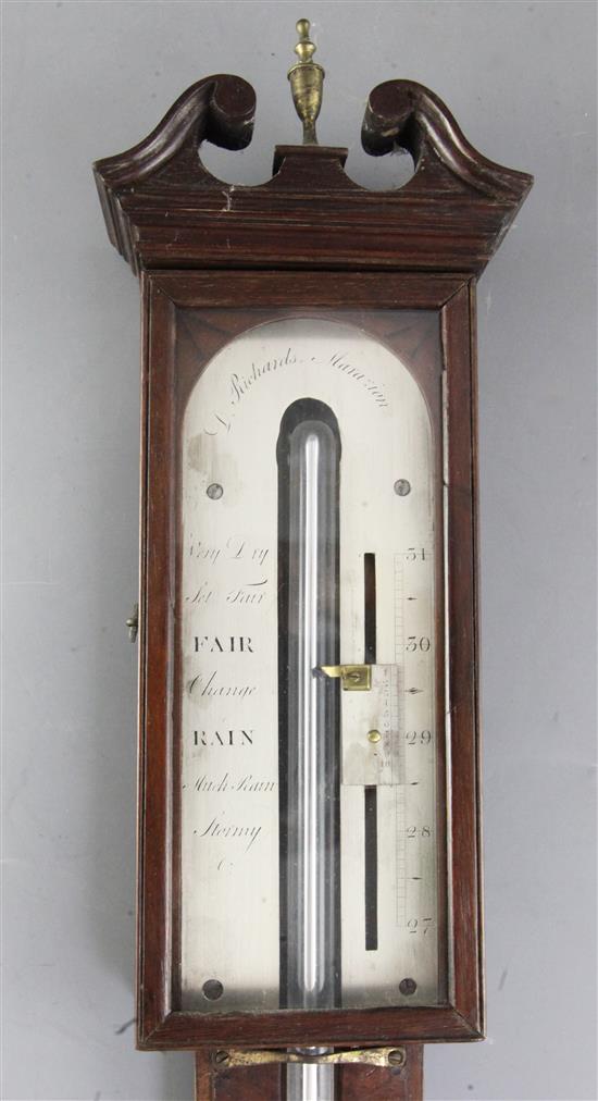 D. Richards, Marazion. A George III mahogany and crossbanded stick barometer, H.3ft 6in.